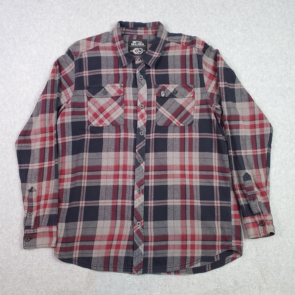 Metal Mulisha Shirt Mens Medium Burgundy Gray Plaid Flannel Button Front